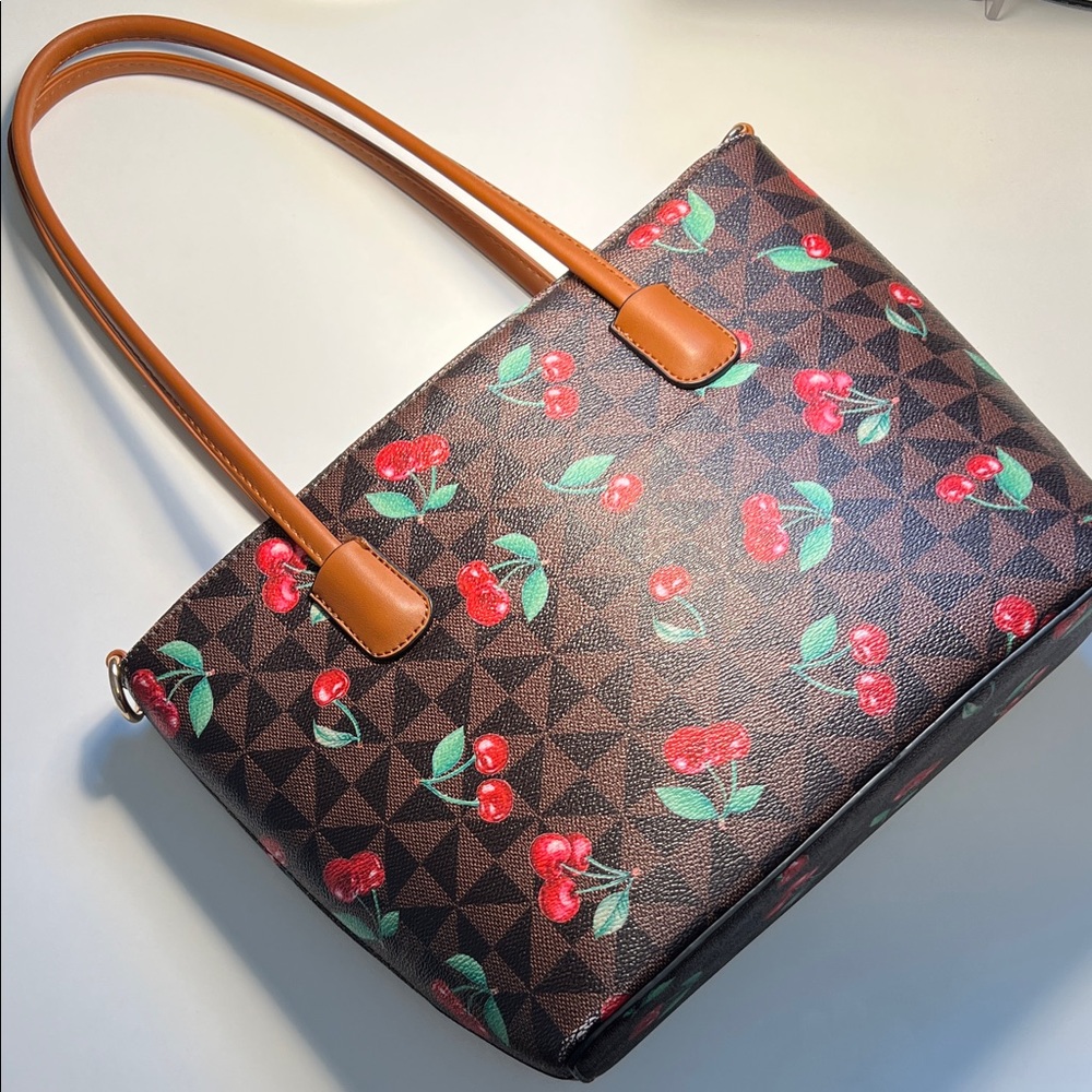 Cherry Print Brown Tote Bag with Tan Handles
